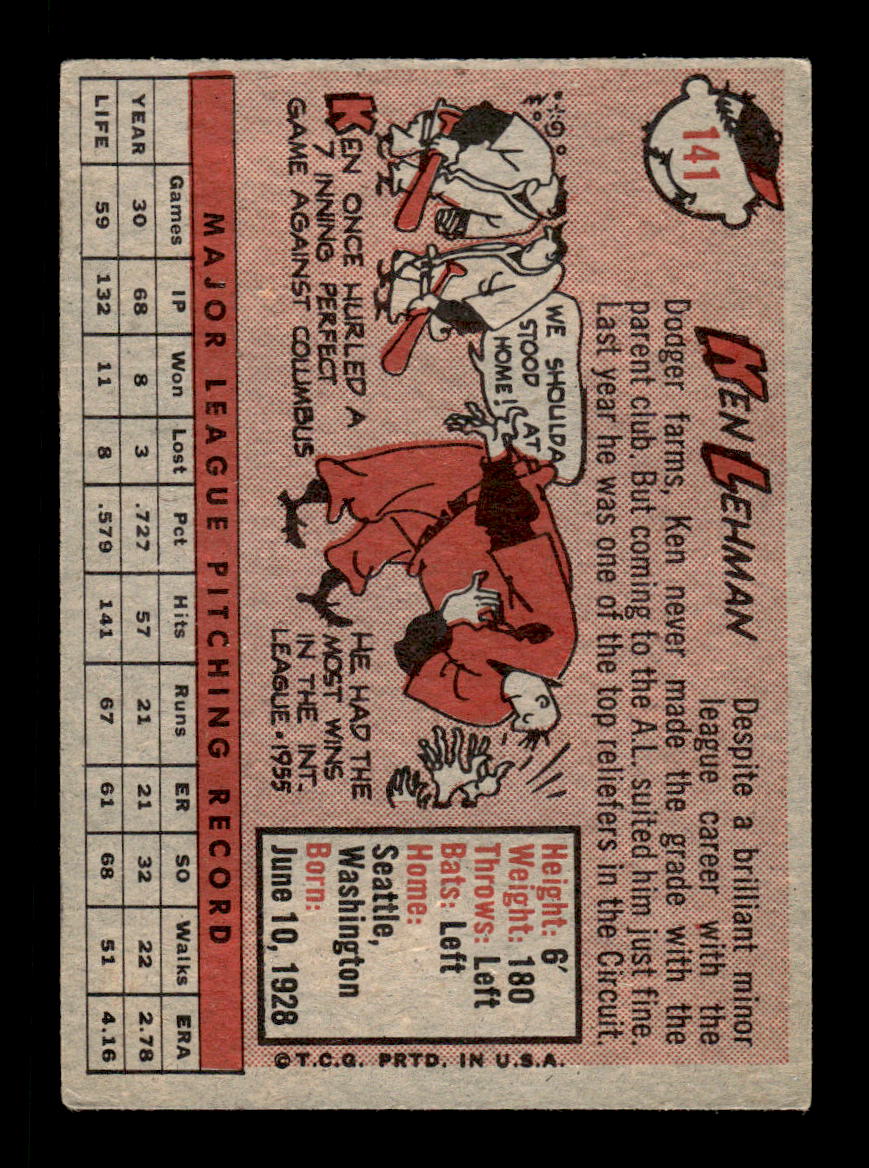 1958 Topps #141 Ken Lehman Baltimore Orioles VGEX KC10009662