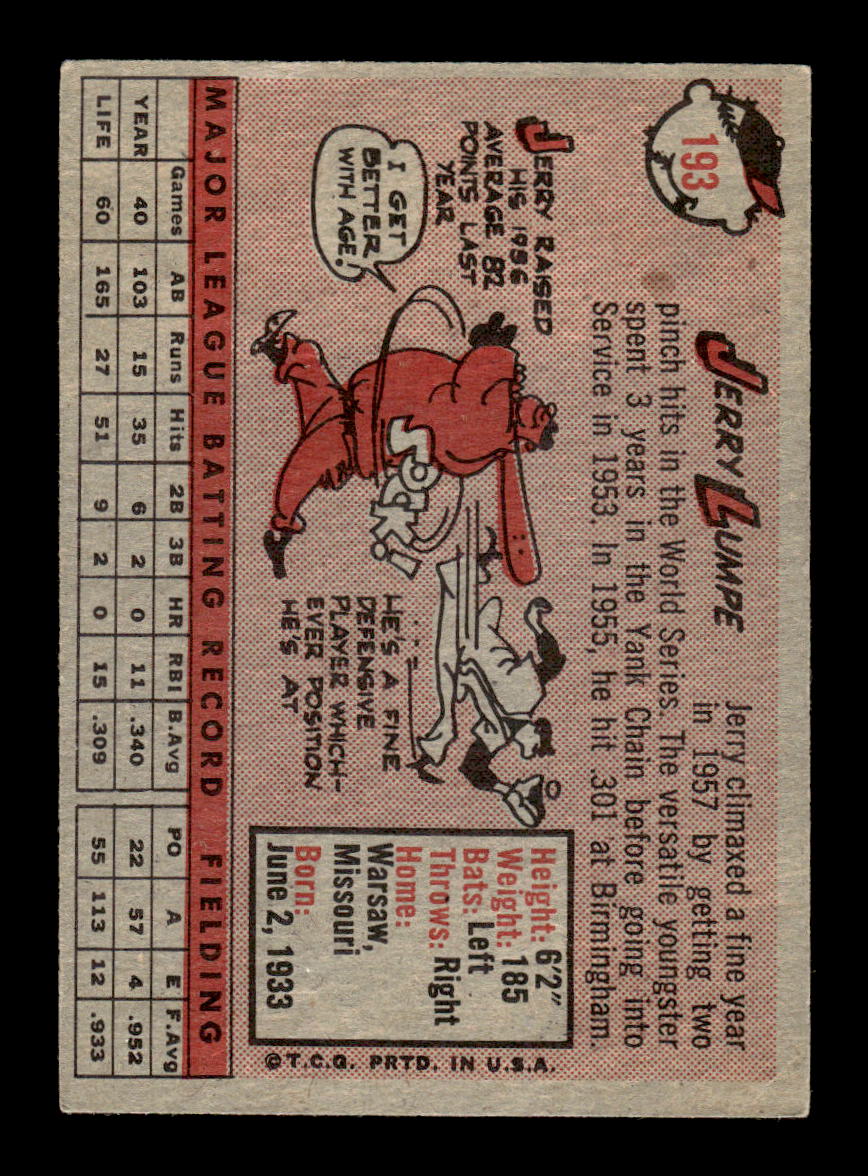 1958 Topps #193 Jerry Lumpe New York Yankees EX KC10009711