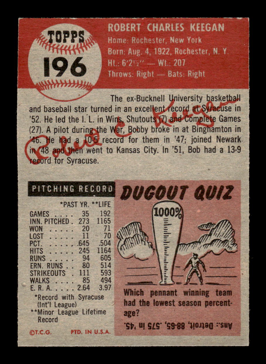 1953 Topps #196 Bob Keegan Chicago White Sox EXMT HOF10009730