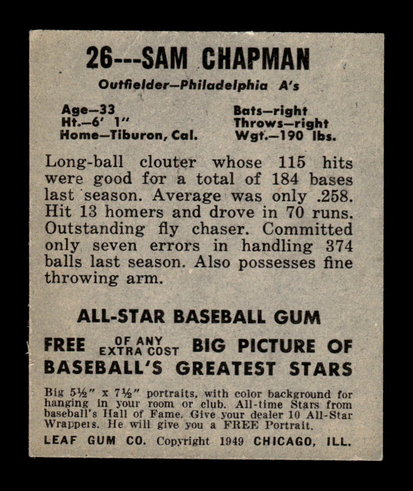 1948-49 Leaf #26 Sam Chapman Philadelphia Athletics EX SHARP HOF10009737