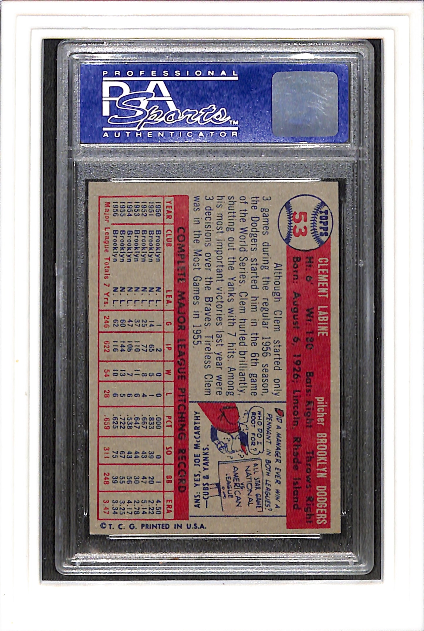 1957 Topps #53 Clem Labine PSA 8 SN 03012052