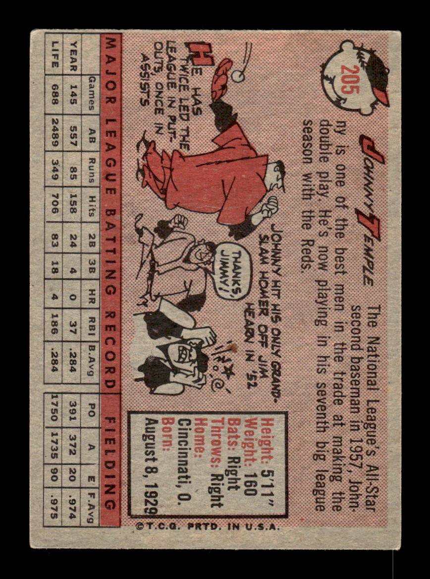 1958 Topps #205 Johnny Temple Cincinnati Redlegs EX HOF10009750