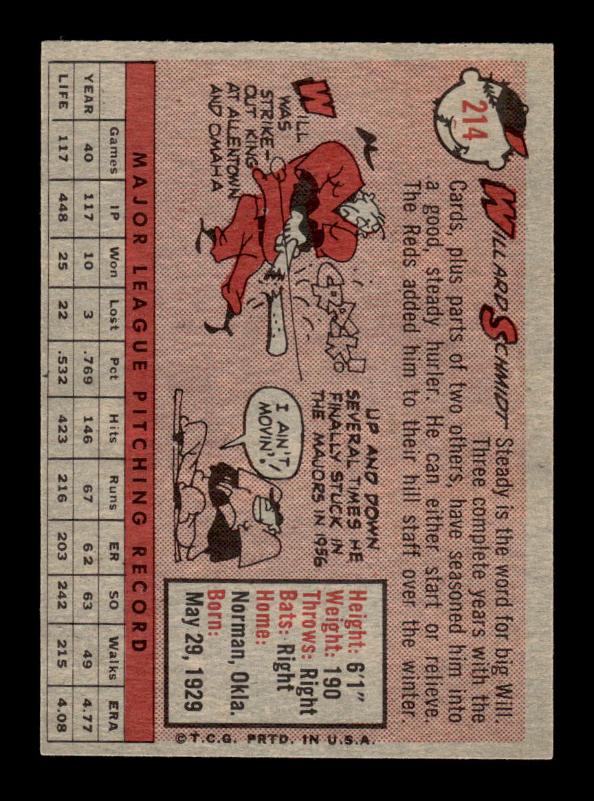 1958 Topps #214 Willard Schmidt Cincinnati Redlegs EX HOF10009759