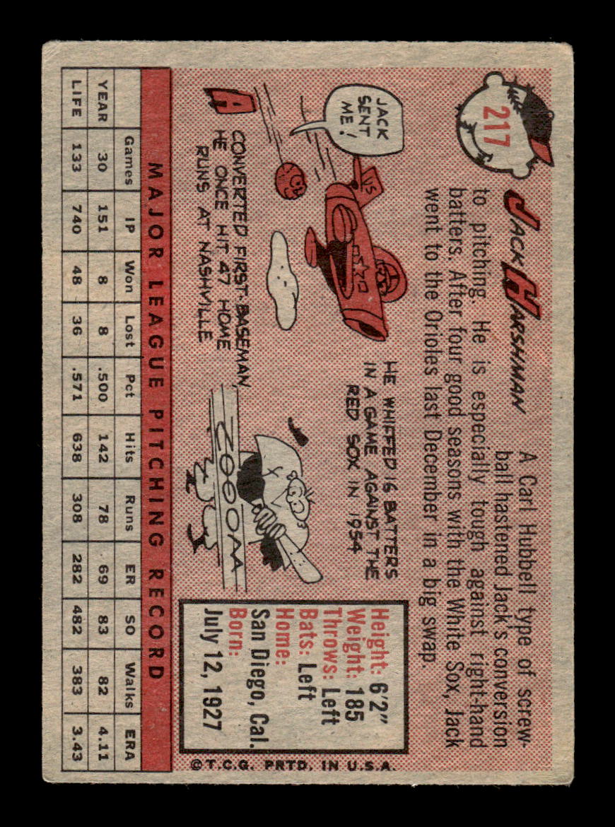 1958 Topps #217 Jack Harshman Baltimore Orioles VGEX HOF10009762
