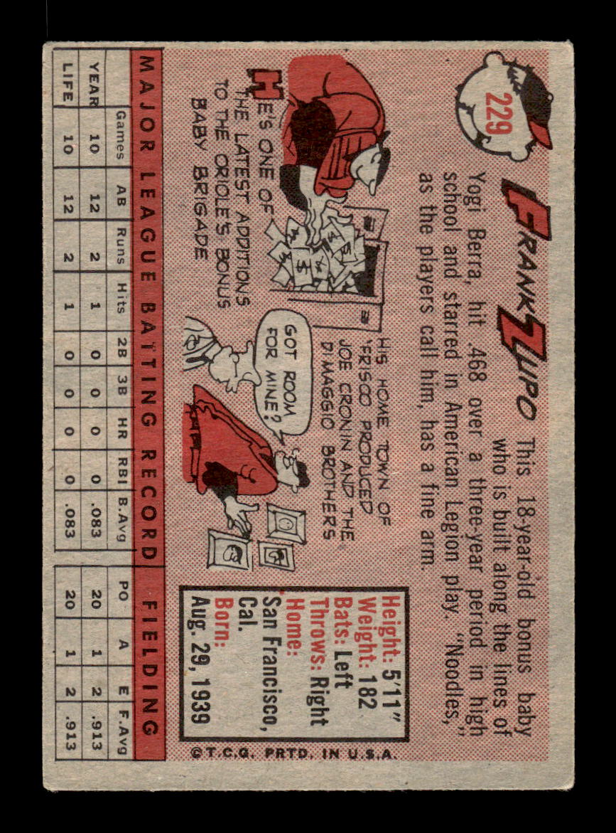 1958 Topps #229 Frank Zupo Baltimore Orioles VGEX HOF10009774