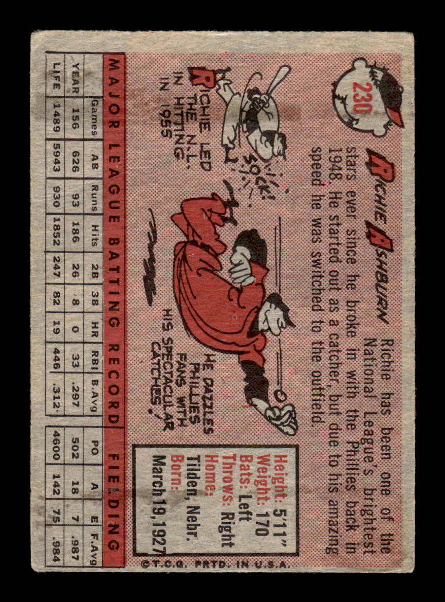 1958 Topps #230 Richie Ashburn Philadelphia Phillies VG HOF10009775