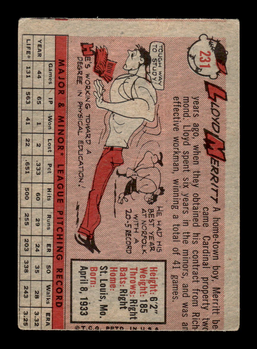 1958 Topps #231 Lloyd Merritt St. Louis Cardinals VG HOF10009776
