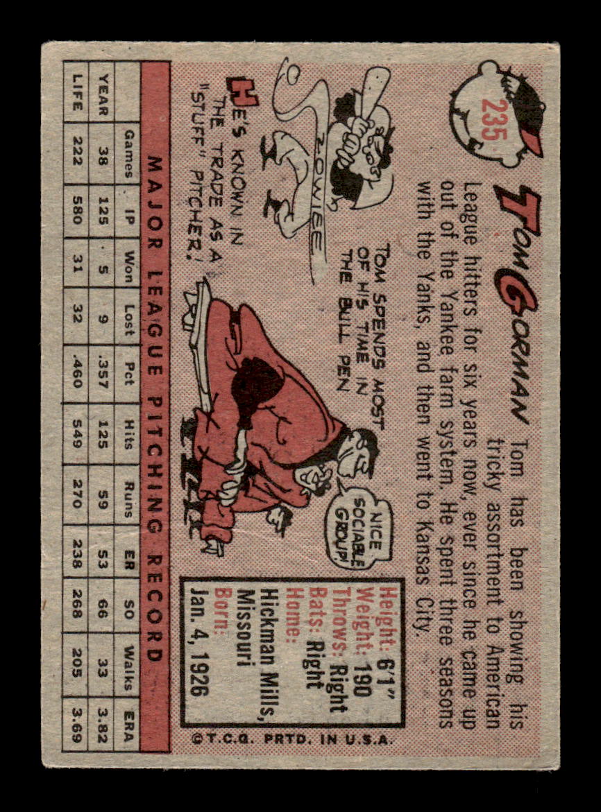 1958 Topps #235 Tom Gorman Kansas City Athletics VGEX HOF10009780