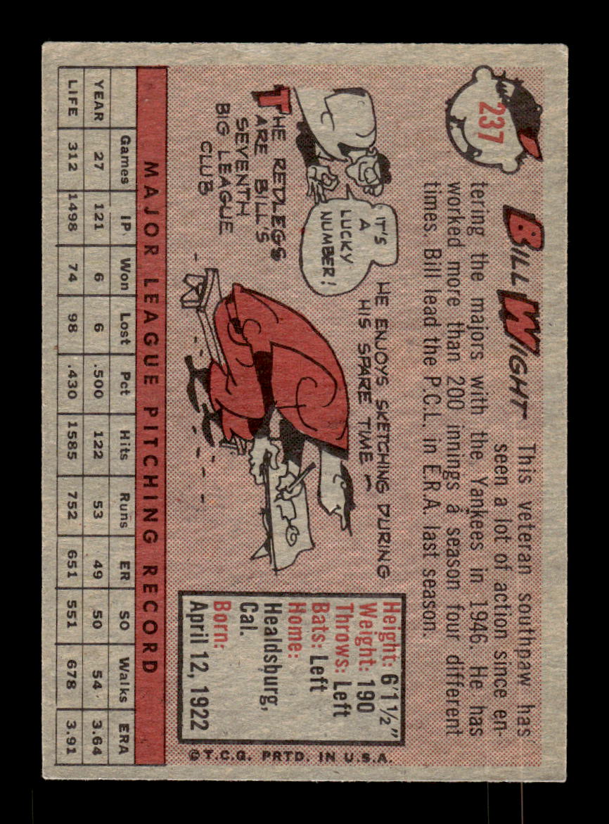1958 Topps #237 Bill Wight Cincinnati Redlegs EX HOF10009782