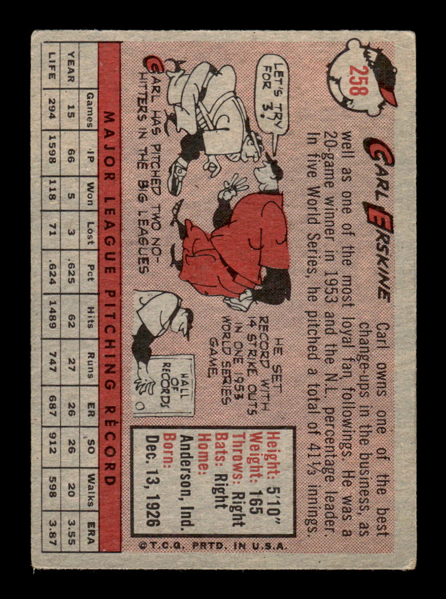 1958 Topps #258 Carl Erskine Los Angeles Dodgers VGEX HOF10009802