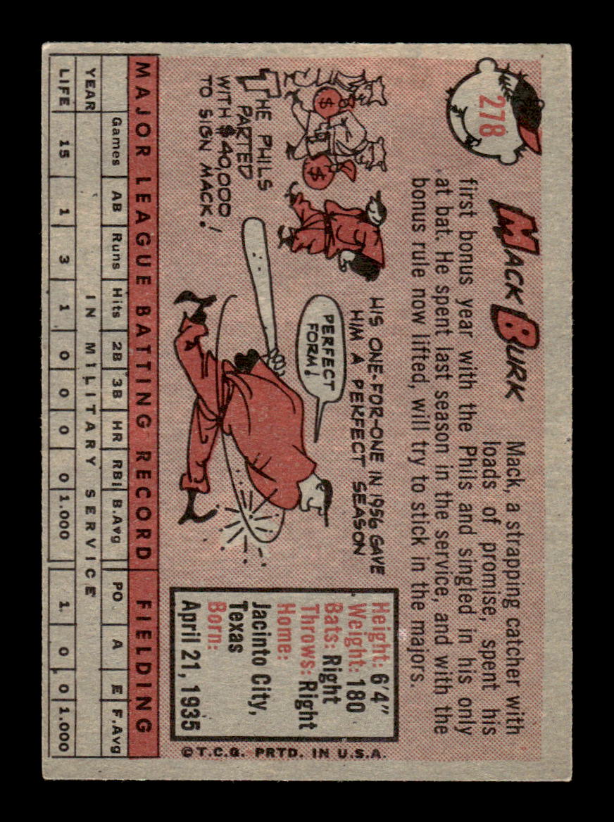 1958 Topps #278 Mack Burk Philadelphia Phillies VGEX HOF10009821