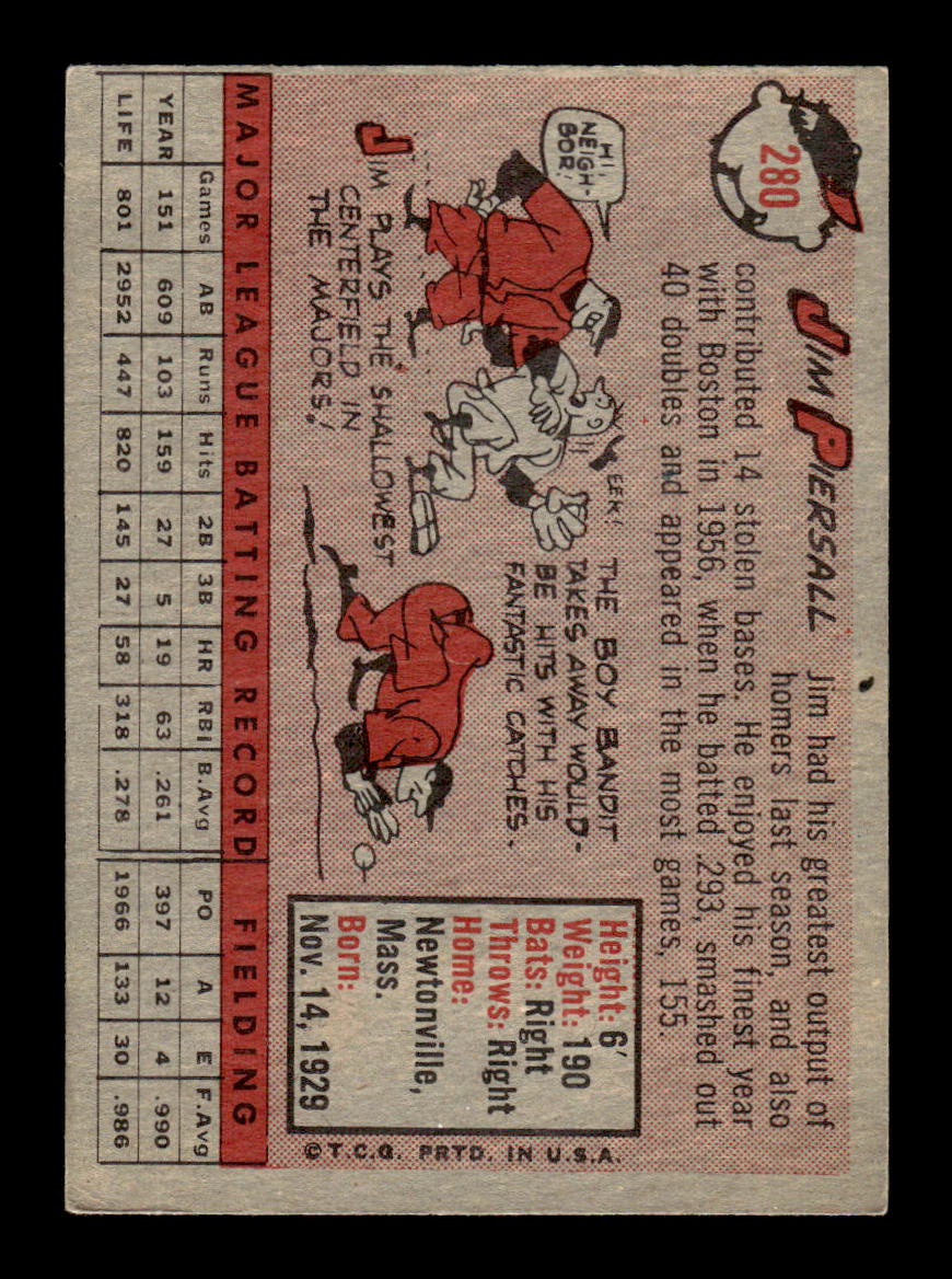 1958 Topps #280 Jim Piersall Boston Red Sox VGEX HOF10009823
