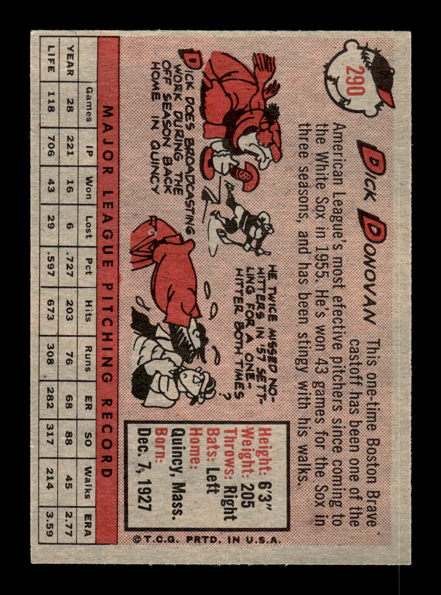 1958 Topps #290 Dick Donovan Chicago White Sox VGEX HOF10009833
