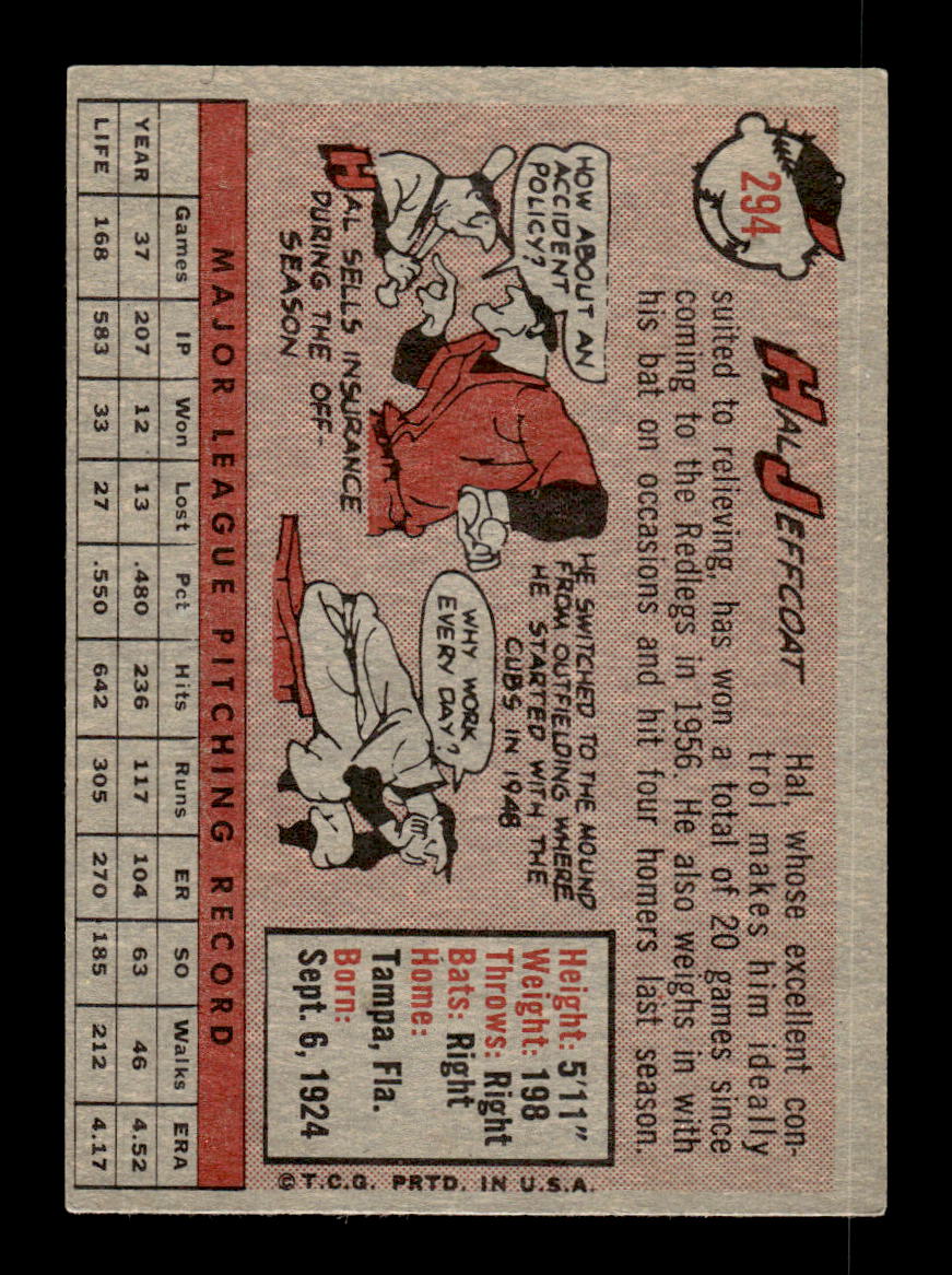 1958 Topps #294 Hal Jeffcoat Cincinnati Redlegs VGEX HOF10009837