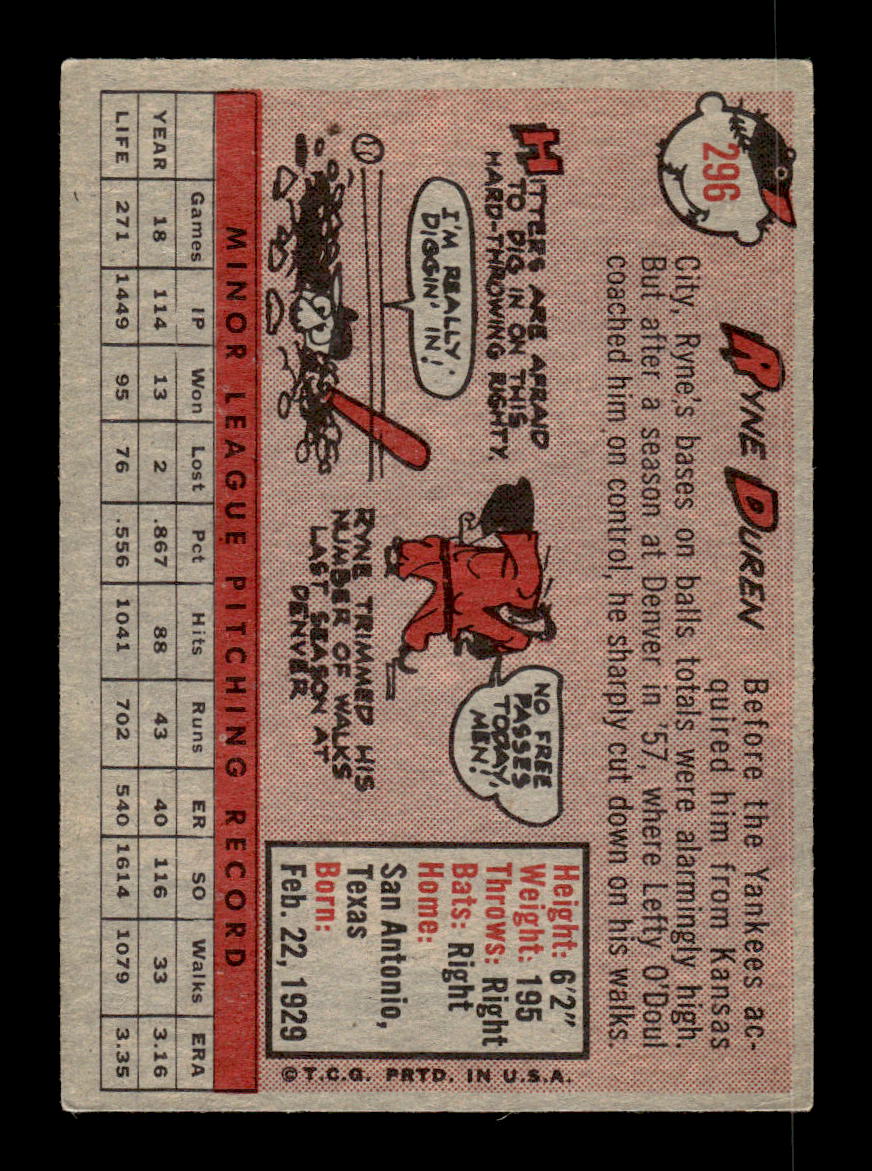 1958 Topps #296 Ryne Duren New York Yankees VGEX HOF10009839