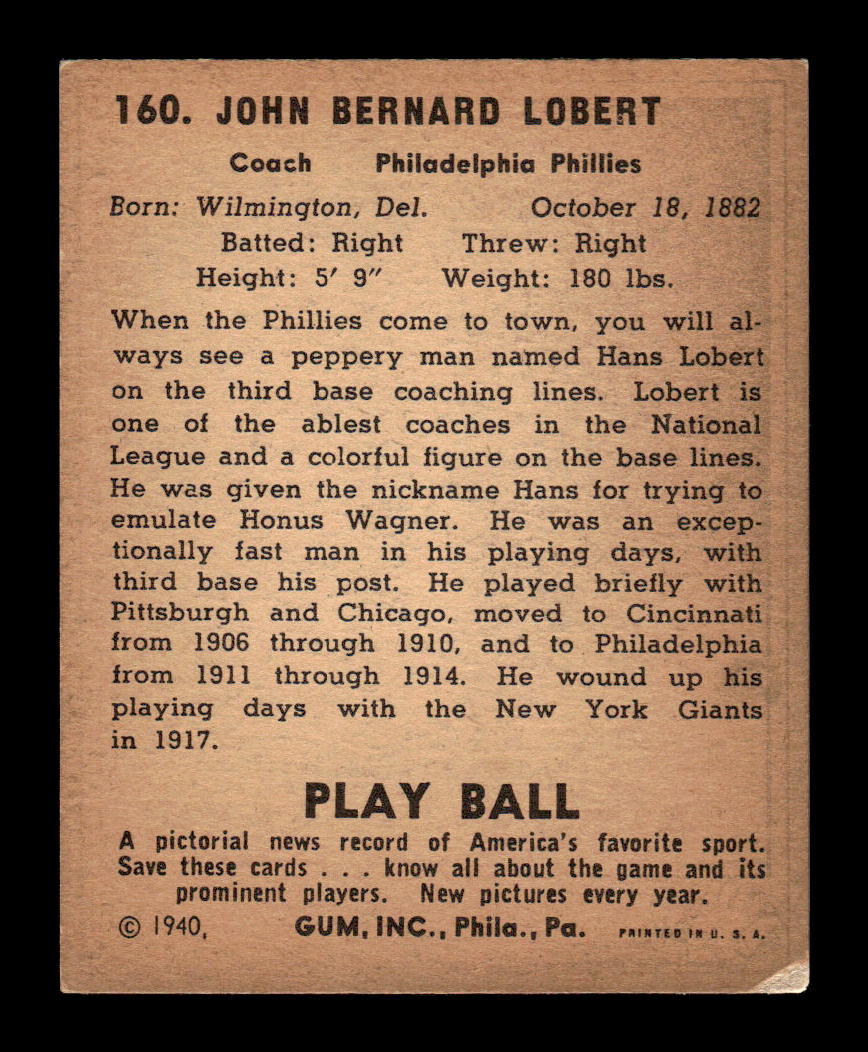 1940 Play Ball #160a Hans Lobert Philadelphia Phillies VGEX HOF10009852