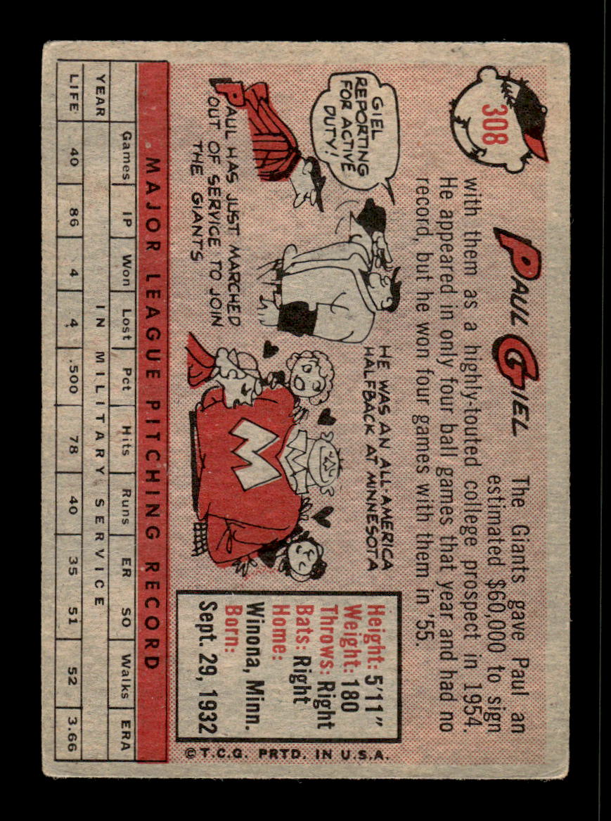 1958 Topps #308 Paul Giel San Francisco Giants VGEX HOF10009883