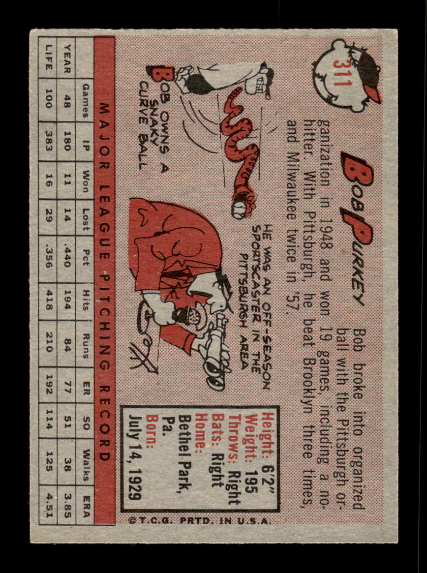 1958 Topps #311 Bob Purkey Cincinnati Redlegs EX HOF10009885