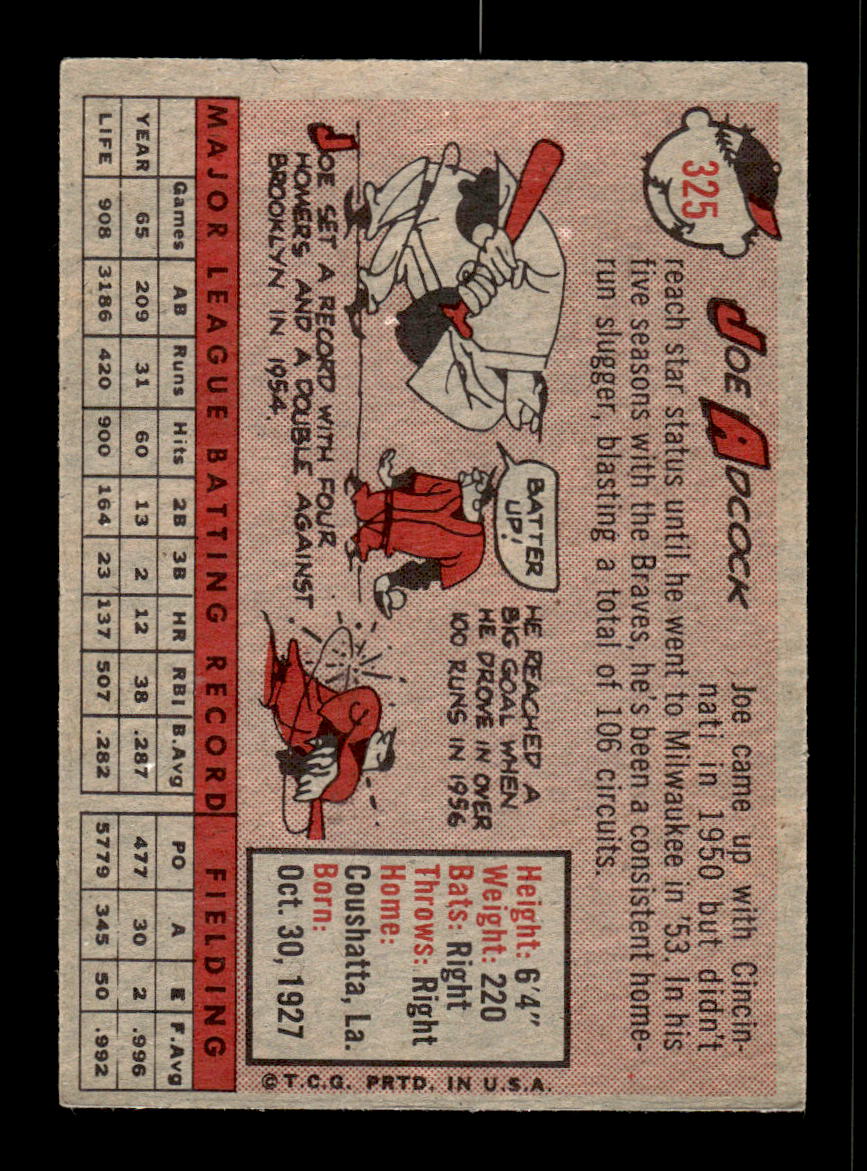 1958 Topps #325 Joe Adcock Milwaukee Braves VGEX HOF10009898