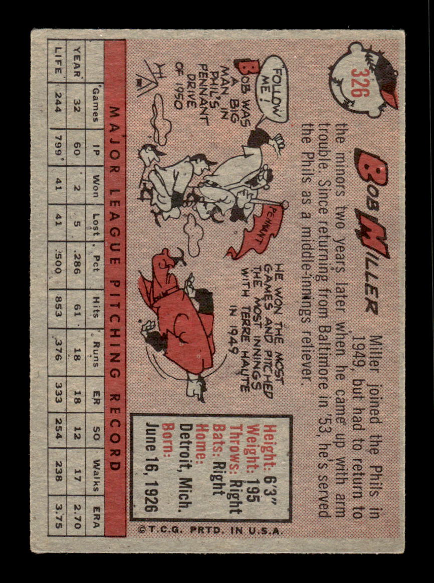 1958 Topps #326 Bob Miller Philadelphia Phillies VGEX HOF10009899