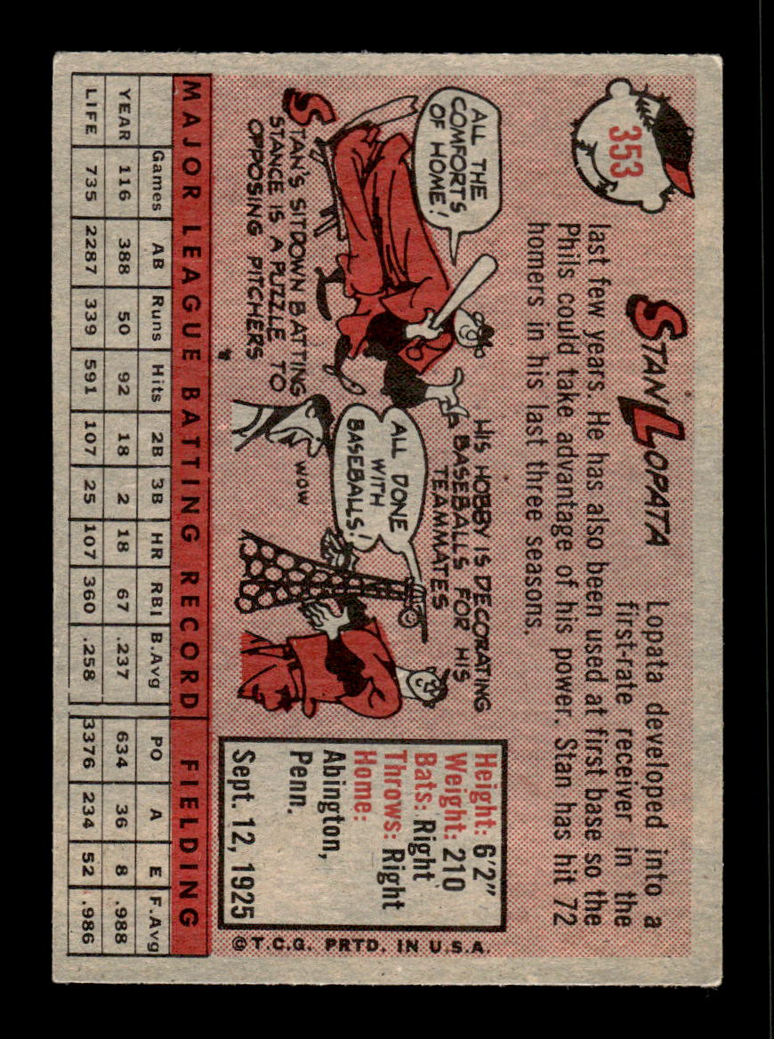 1958 Topps #353 Stan Lopata Philadelphia Phillies EX HOF10009920
