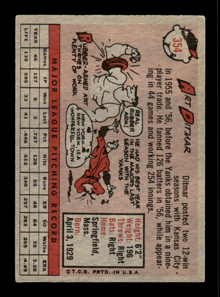 1958 Topps #354 Art Ditmar New York Yankees VGEX HOF10009921