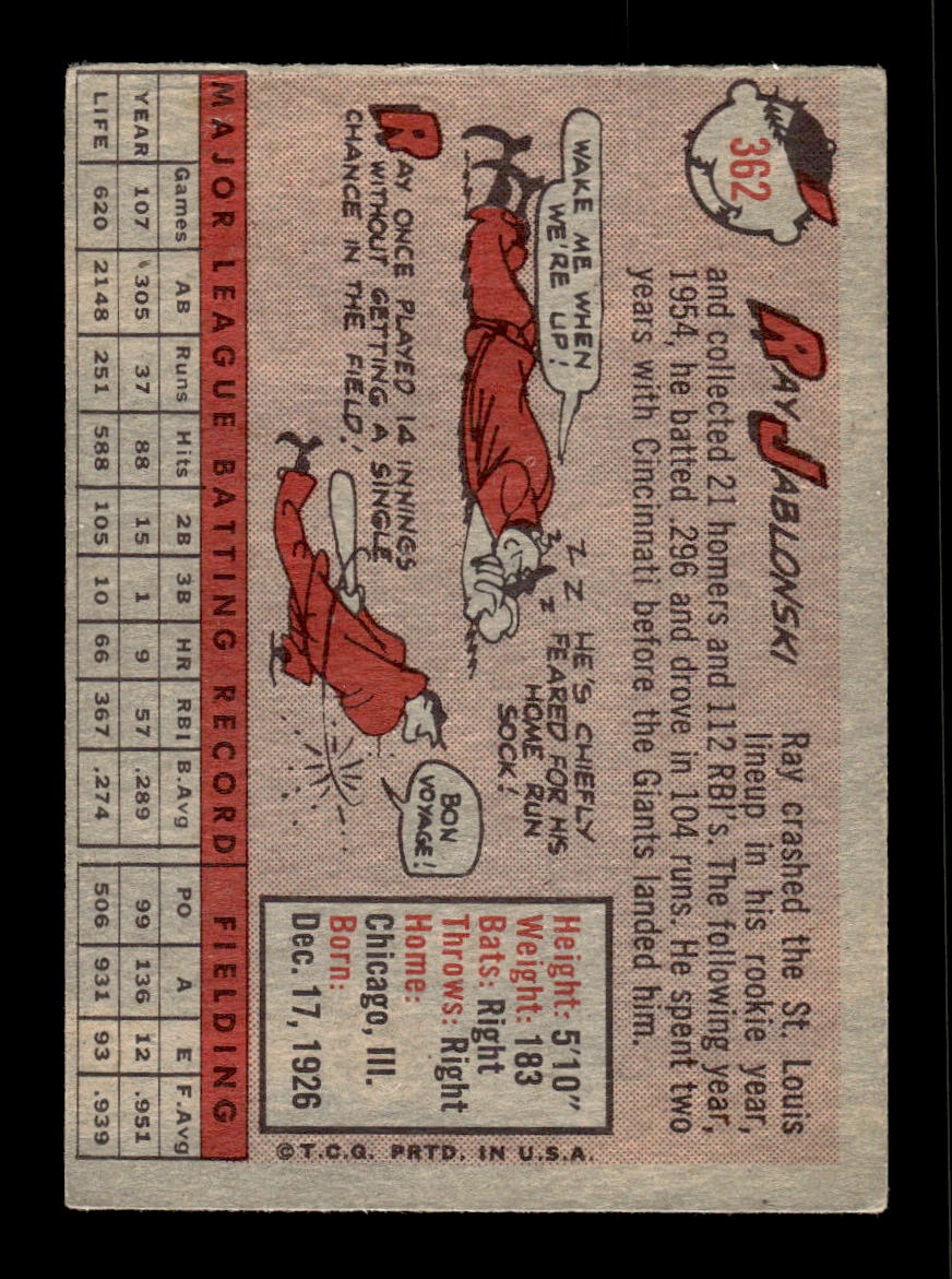 1958 Topps #362 Ray Jablonski San Francisco Giants VG HOF10009929