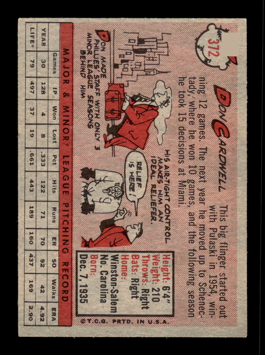 1958 Topps #372 Don Cardwell Philadelphia Phillies VGEX HOF10009939