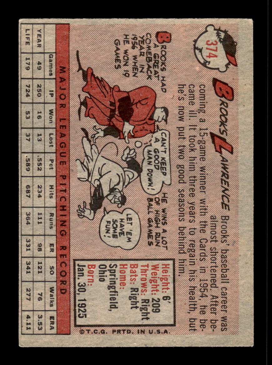 1958 Topps #374 Brooks Lawrence Cincinnati Redlegs VGEX HOF10009941