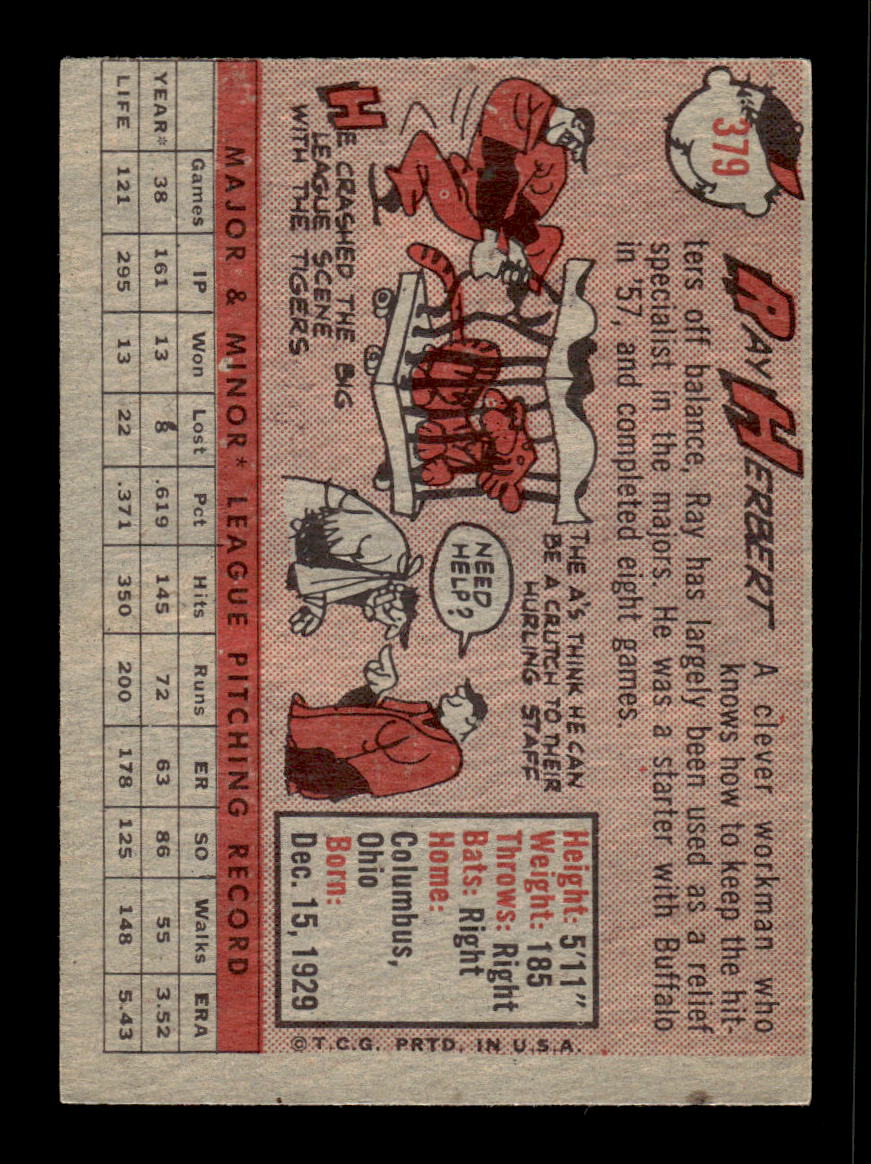 1958 Topps #379 Ray Herbert Kansas City Athletics VGEX HOF10009945