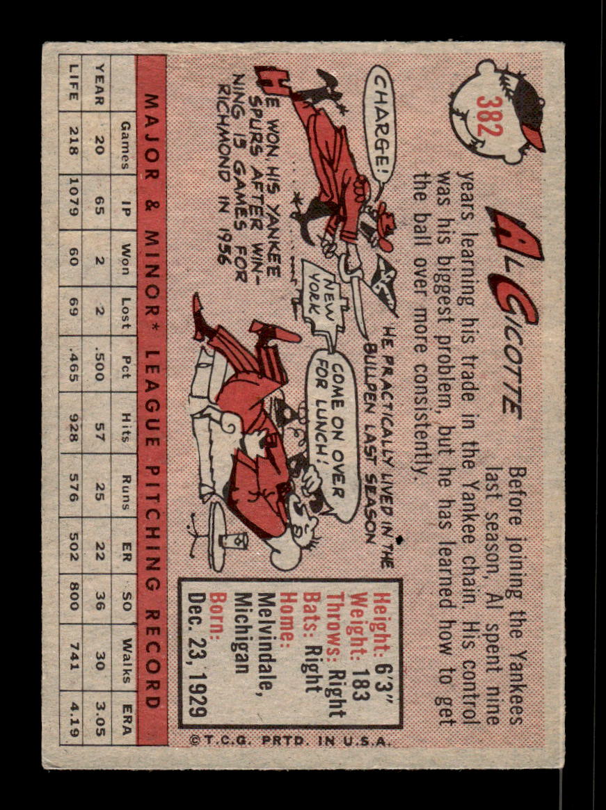 1958 Topps #382 Al Cicotte New York Yankees VGEX HOF10009948