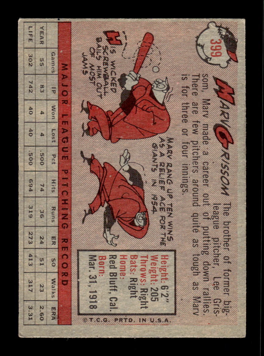 1958 Topps #399 Marv Grissom San Francisco Giants VG HOF10009964