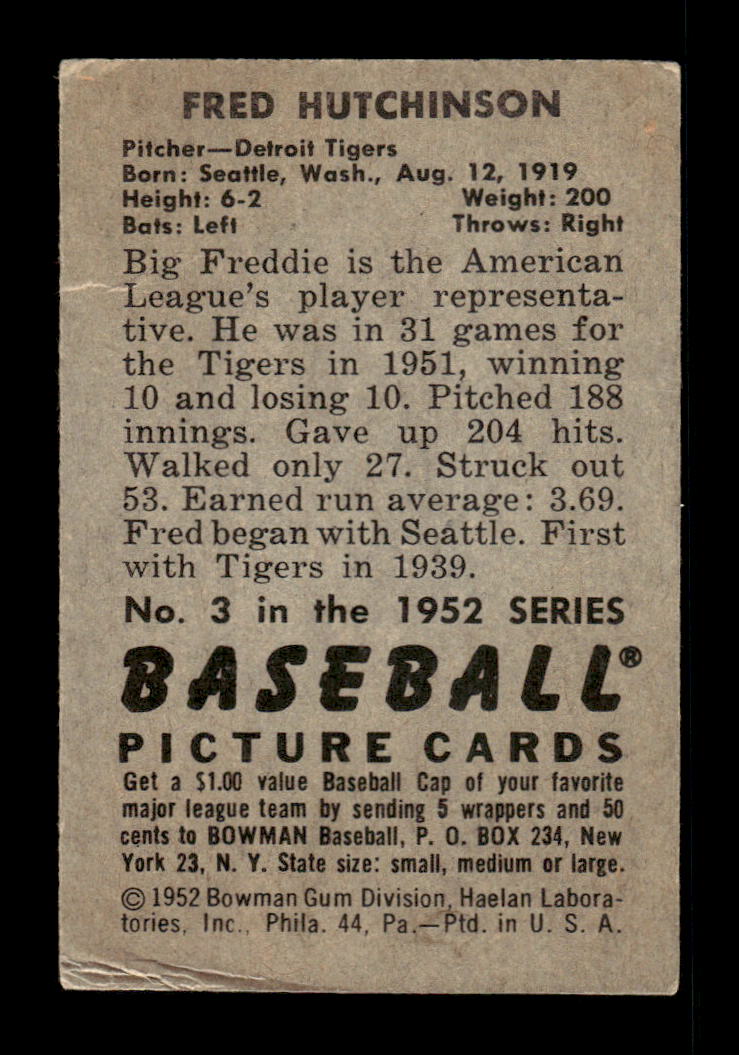 1952 Bowman #3 Fred Hutchinson Detroit Tigers VG HOF10009965