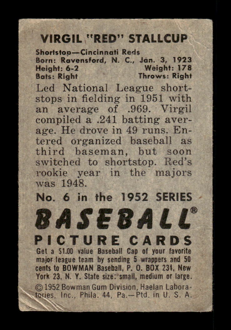 1952 Bowman #6 Virgil Stallcup Cincinnati Reds VG HOF10009966