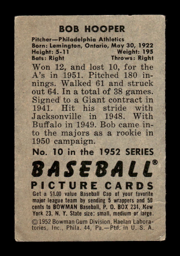 1952 Bowman #10 Bob Hooper Philadelphia Athletics VG HOF10009968