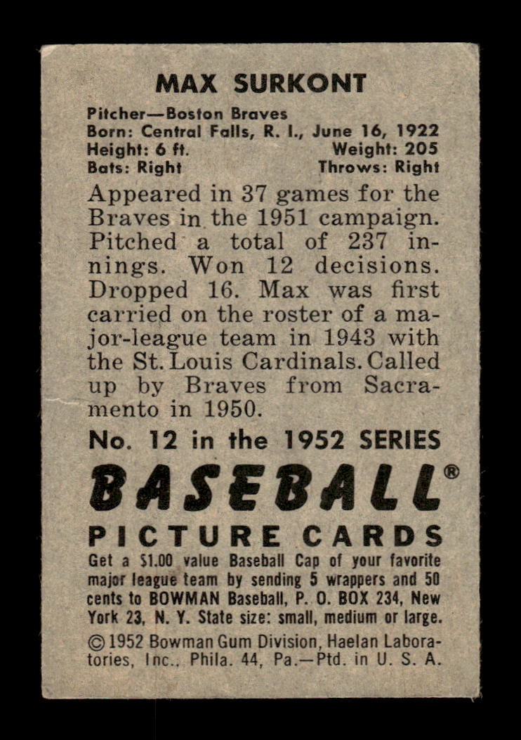 1952 Bowman #12 Max Surkont Boston Braves VG HOF10009969