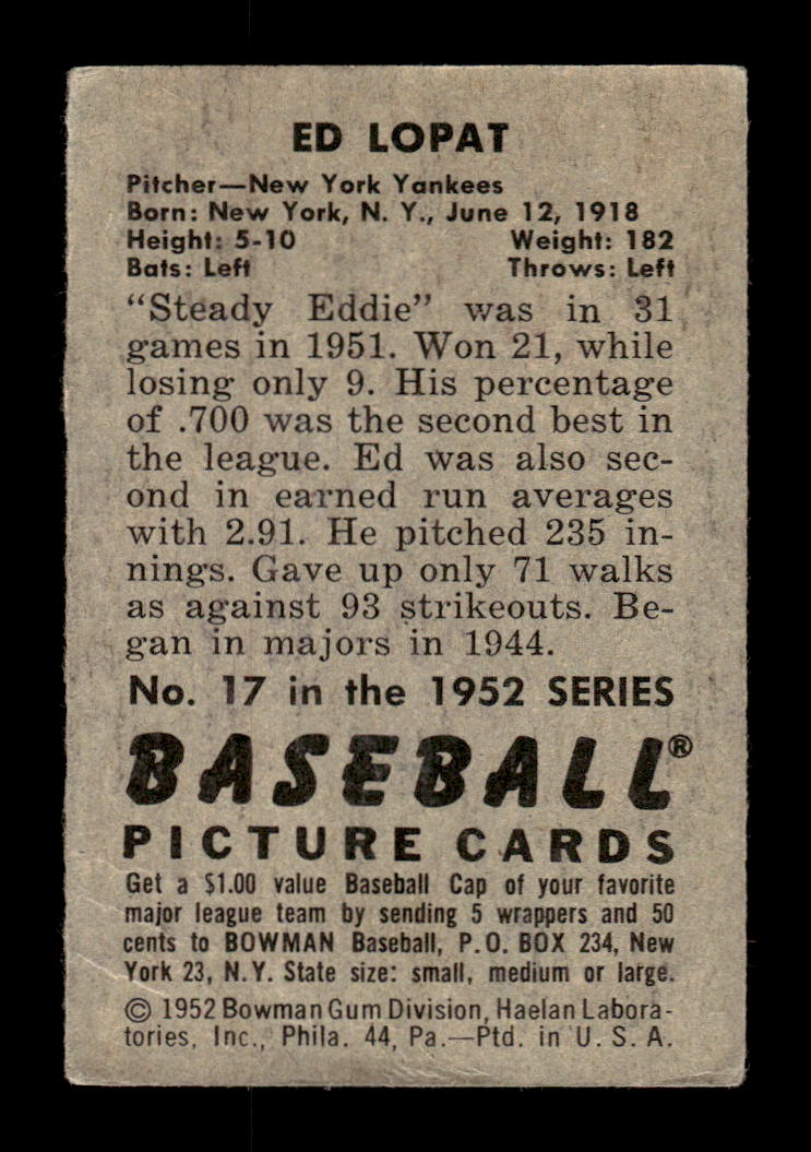 1952 Bowman #17 Ed Lopat New York Yankees VG HOF10009973