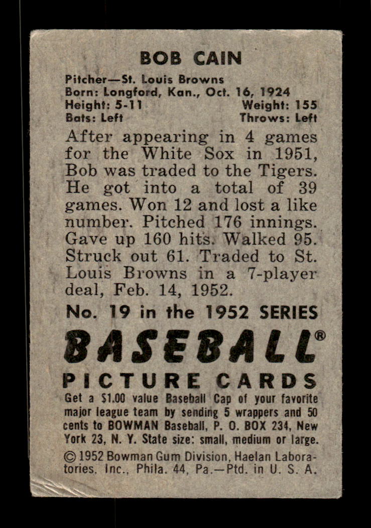 1952 Bowman #19 Bob Cain St. Louis Browns VG HOF10009975
