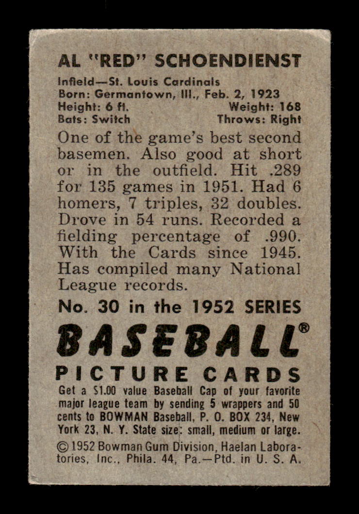 1952 Bowman #30 Al Schoendienst St. Louis Cardinals VG HOF10009979