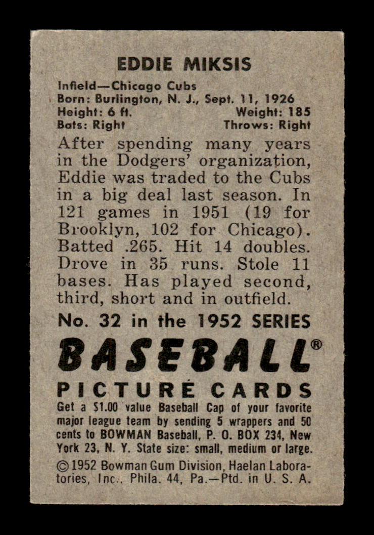 1952 Bowman #32 Eddie Miksis Chicago Cubs VG HOF10009980