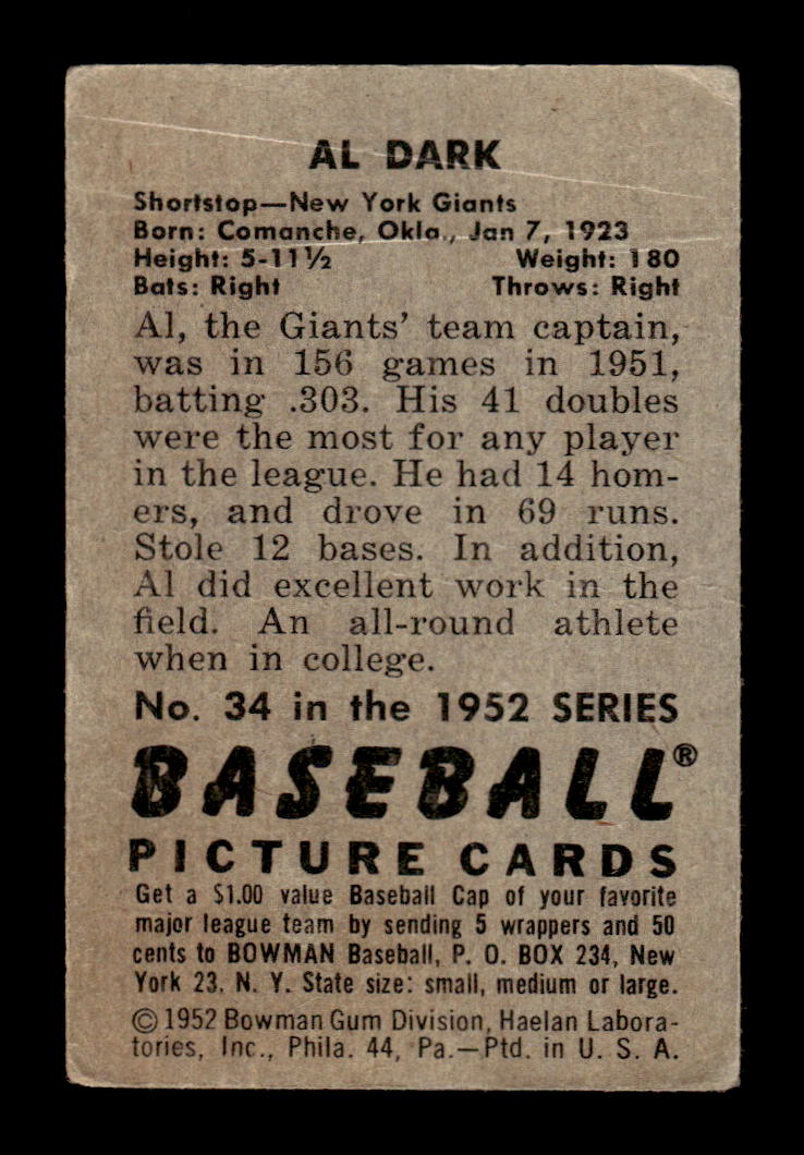 1952 Bowman #34 Al Dark New York Giants VG HOF10009982