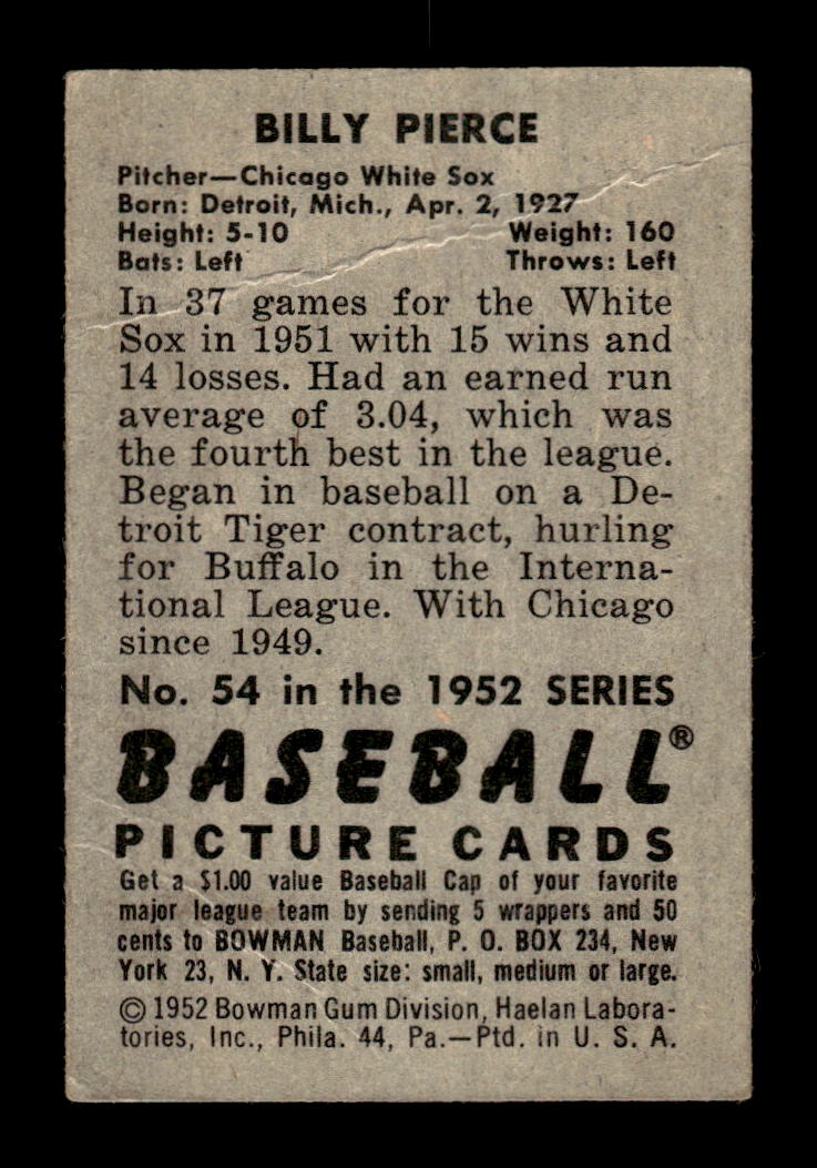 1952 Bowman #54 Billy Pierce Chicago White Sox VG HOF10009984