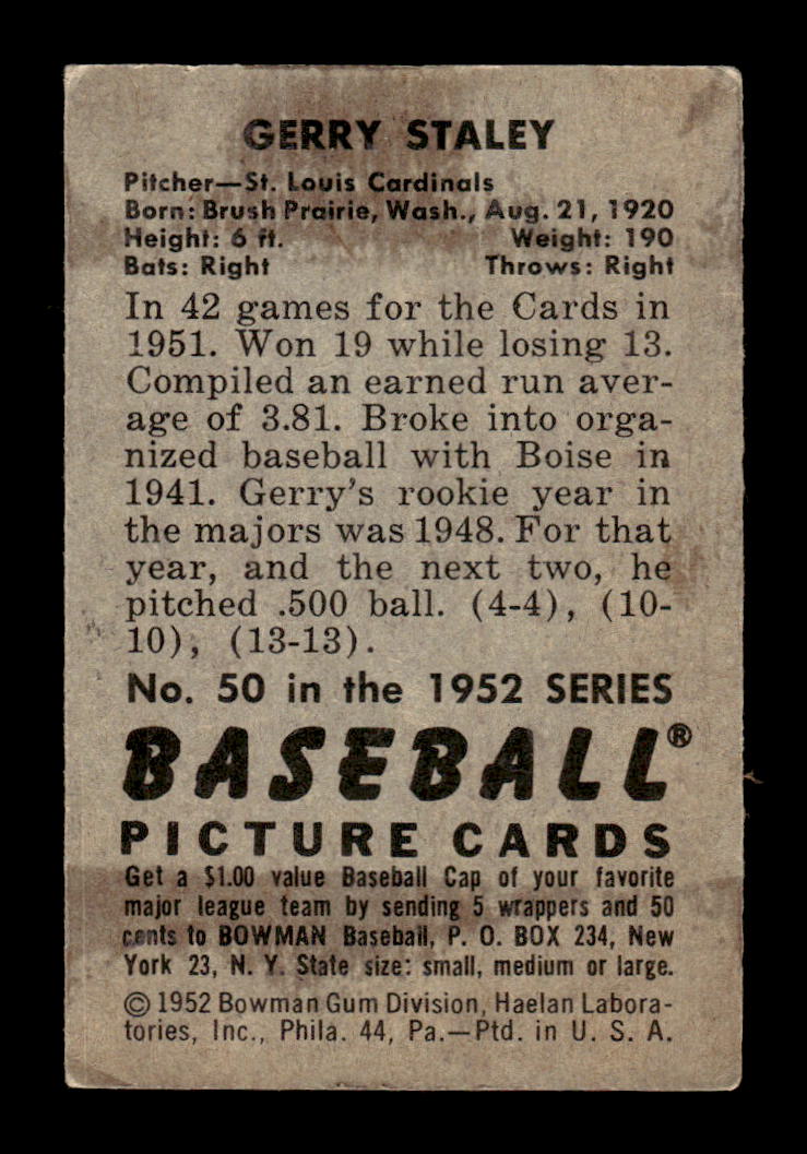 1952 Bowman #50 Gerry Staley St. Louis Cardinals VG HOF10009986