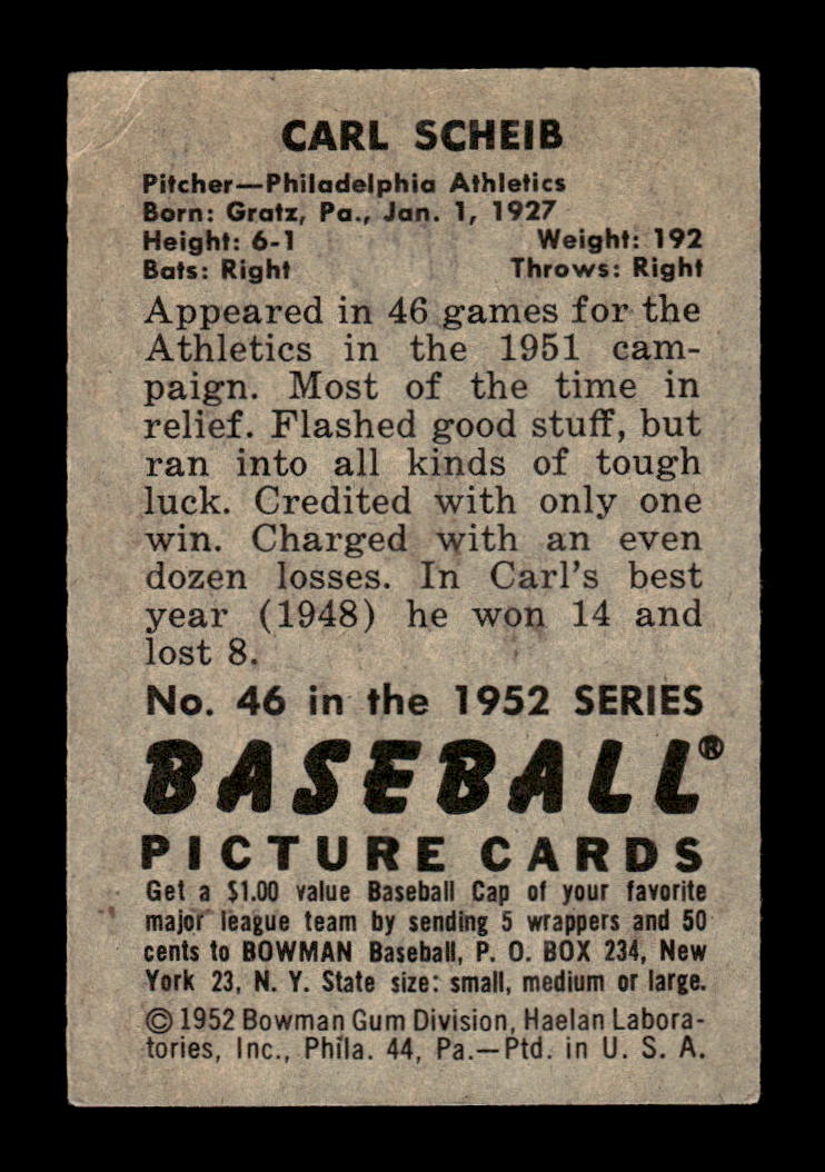 1952 Bowman #46 Carl Scheib Philadelphia Athletics VG HOF10009988
