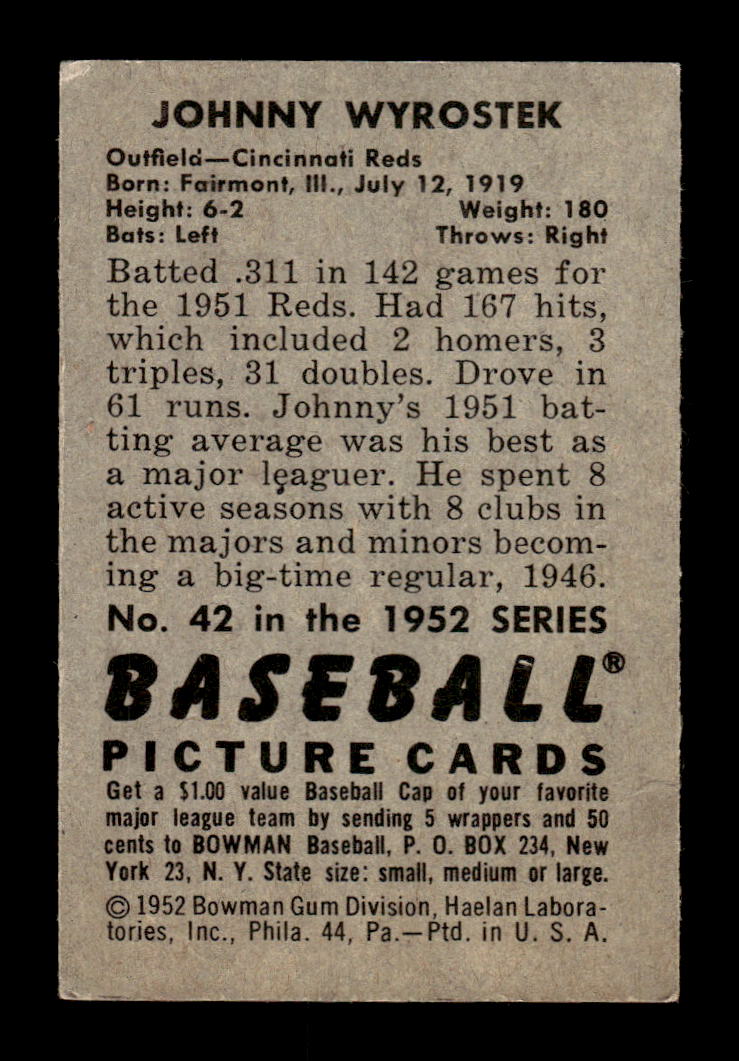 1952 Bowman #42 Johnny Wyrostek Cincinnati Reds VG HOF10009990