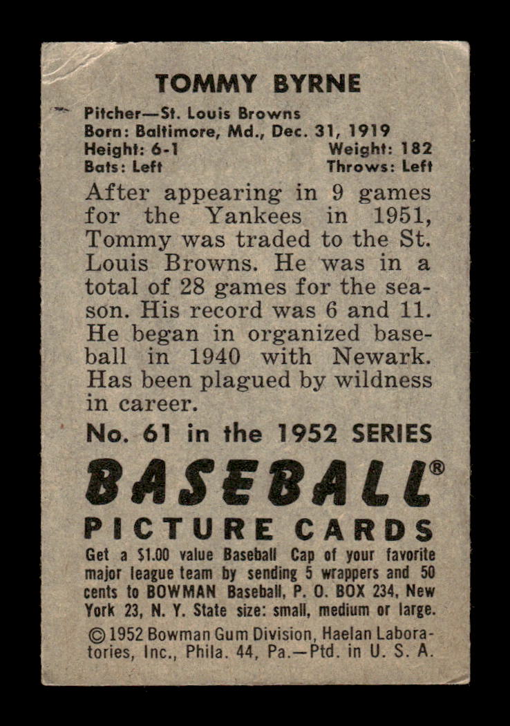 1952 Bowman #61 Tommy Byrne St. Louis Browns VG HOF10009994