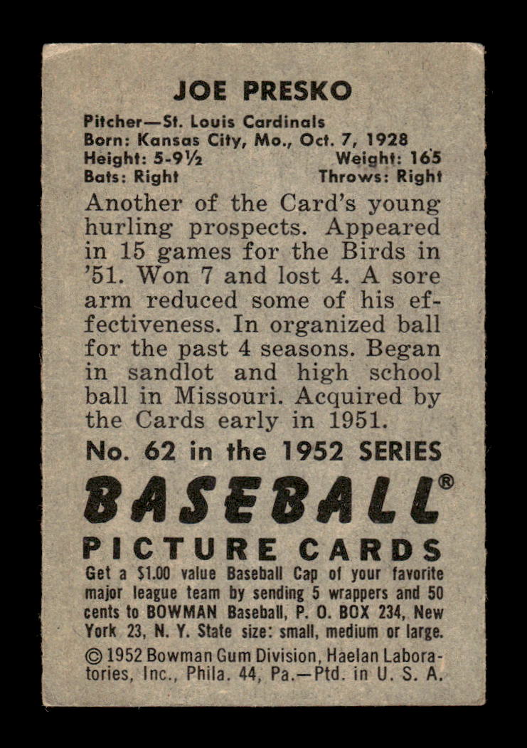1952 Bowman #62 Joe Presko St. Louis Cardinals VG HOF10009995