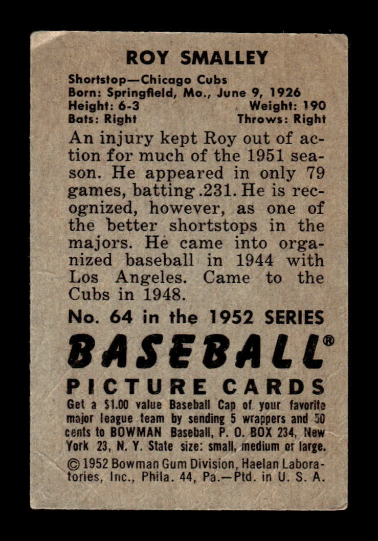 1952 Bowman #64 Roy Smalley Chicago Cubs VG HOF10009997