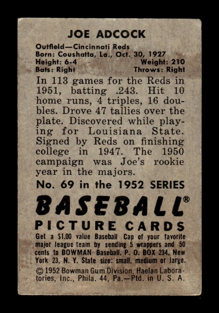 1952 Bowman #69 Joe Adcock Cincinnati Reds VG HOF10009999