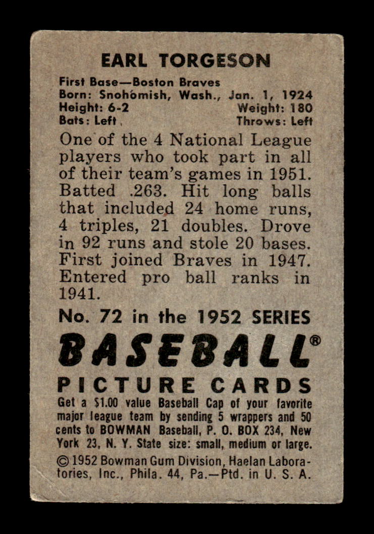 1952 Bowman #72 Earl Torgeson Boston Braves VG HOF10010002